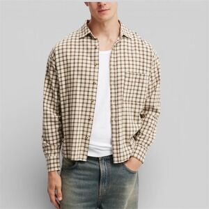 Cotton on Men's Tribeca Oversized Long Sleeve Shirt Stone Mini Check‎  L